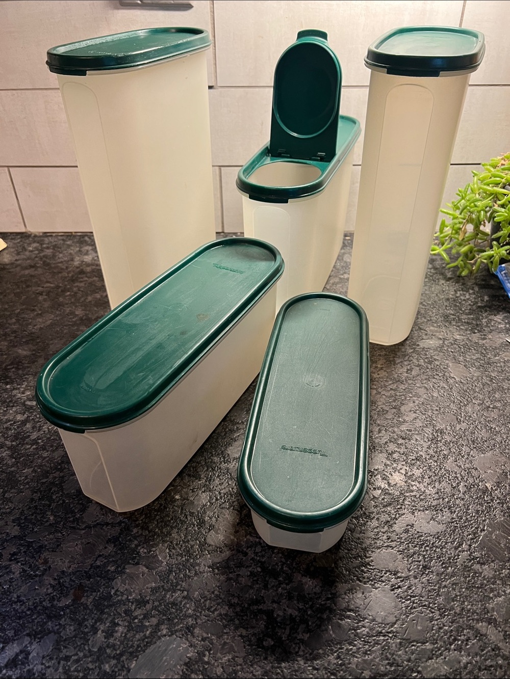 Set of 5 Vintage Tupperware Modular Mates with Dark Green Lids. Stacking